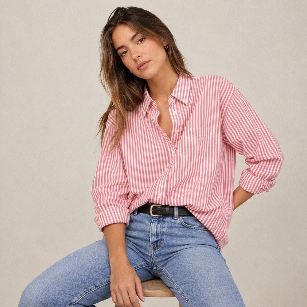 United Colors of Benetton 90s Pink White Striped Cotton Button Down Shirt Large